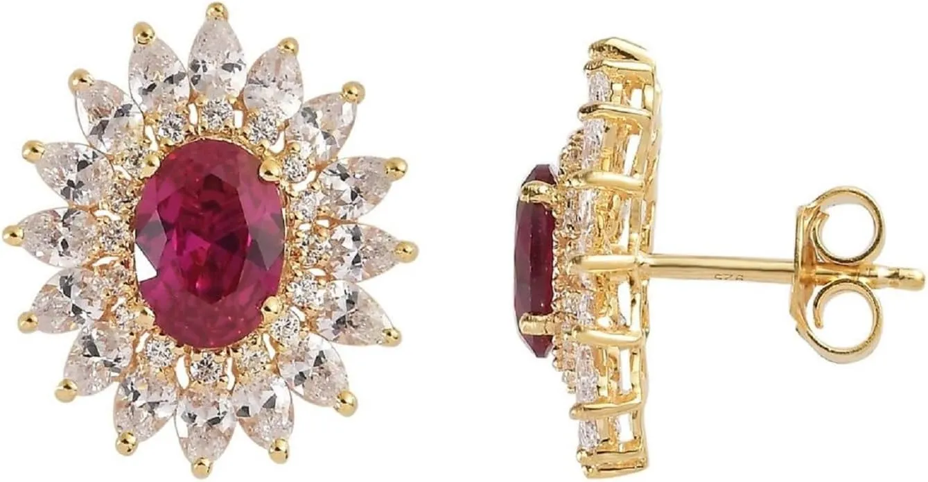 Starlite_Creation001 Oval Cut Ruby and Natural Moissanite Engagement Stud Earrings, Floral Design, 14K Yellow Gold-Plated