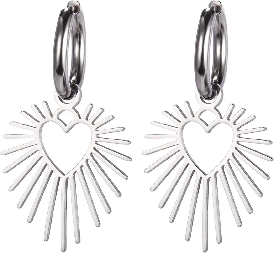 Statement Silver Heartburst Drop Earrings for Women  18K Gold Plated, Dainty Radiant Sunburst Dangle Earrings, Minimalist Love Jewelry for Everyday & Special Occasions