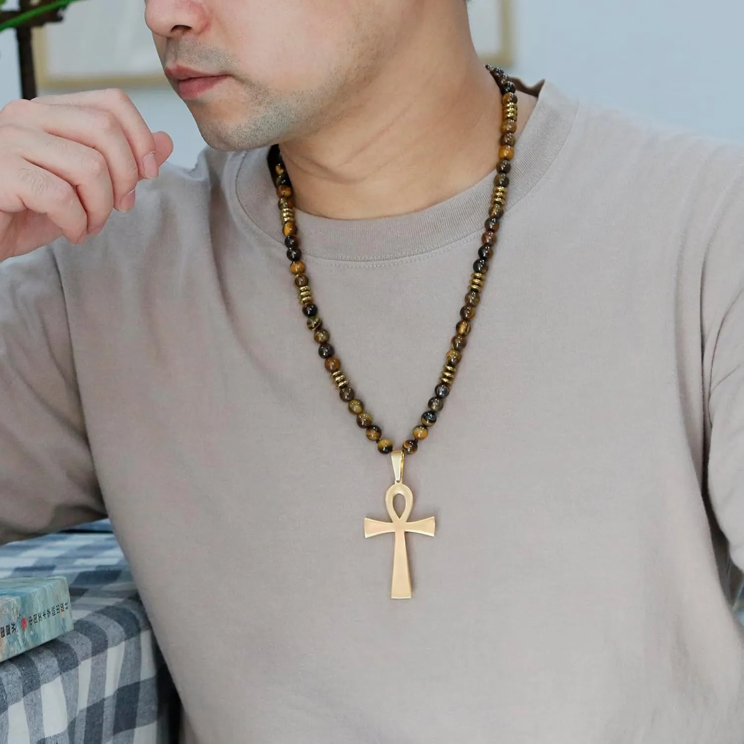 Stone Beaded Crystal Necklace for Men, Tiger Eye Beaded Necklace Natural Stone Pendant Necklace Gold Cross Necklace