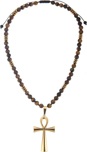 Stone Beaded Crystal Necklace for Men, Tiger Eye Beaded Necklace Natural Stone Pendant Necklace Gold Cross Necklace