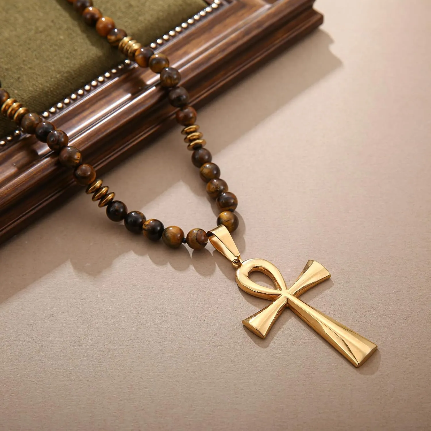 Stone Beaded Crystal Necklace for Men, Tiger Eye Beaded Necklace Natural Stone Pendant Necklace Gold Cross Necklace