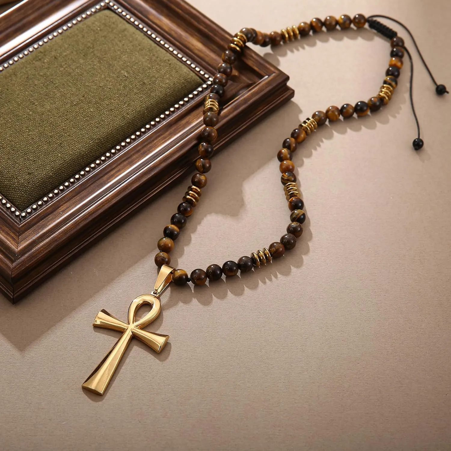 Stone Beaded Crystal Necklace for Men, Tiger Eye Beaded Necklace Natural Stone Pendant Necklace Gold Cross Necklace