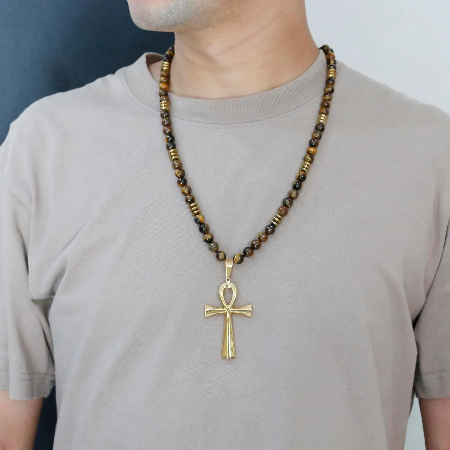 Stone Beaded Crystal Necklace for Men, Tiger Eye Beaded Necklace Natural Stone Pendant Necklace Gold Cross Necklace