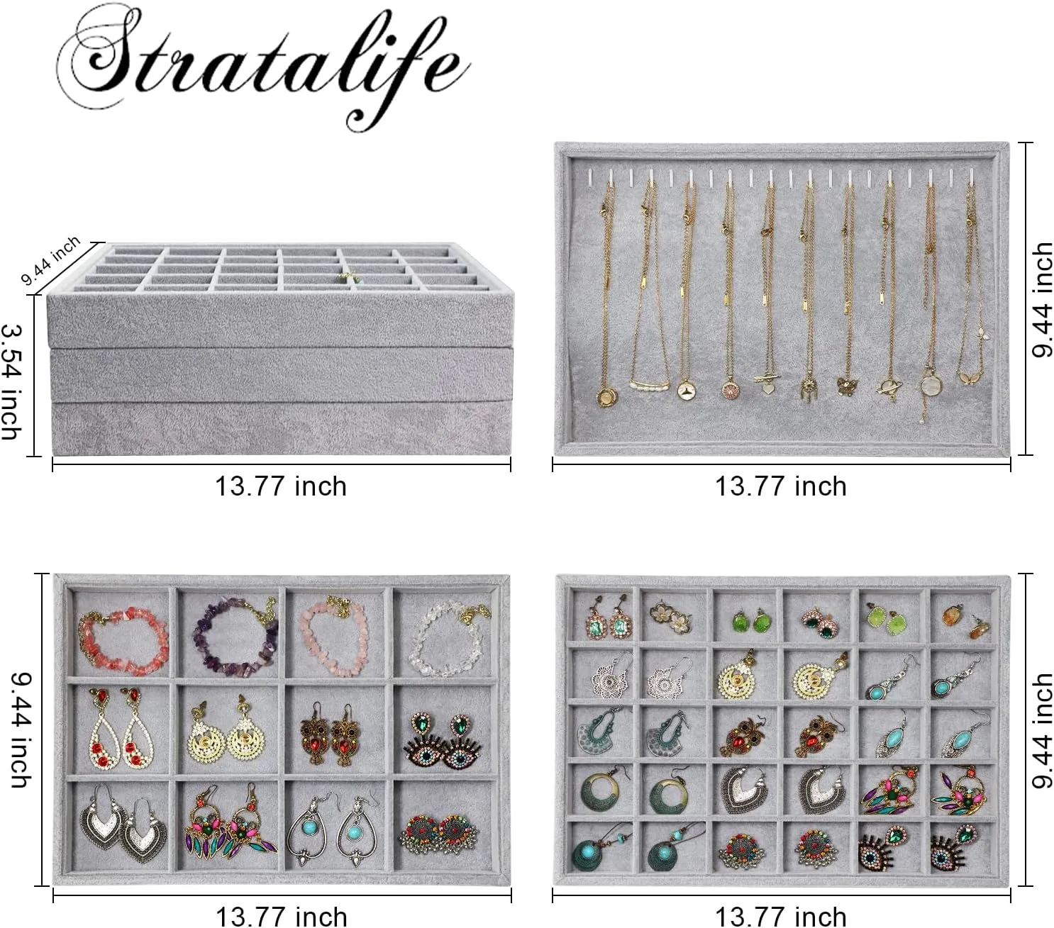 Stratalife Jewelry Organizer Stackable Trays Drawer Insert Earring Holder Storage for Women Girls Set of 3 Grey