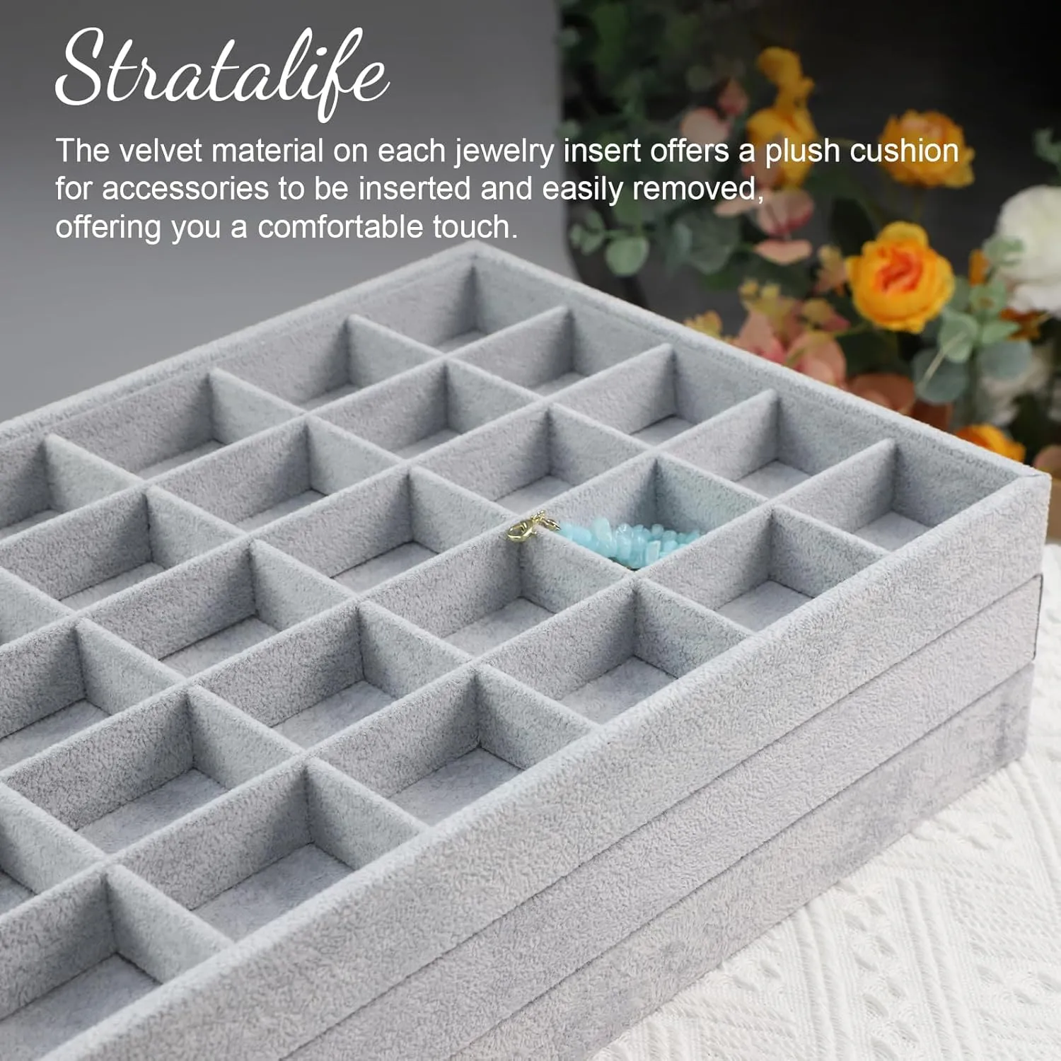 Stratalife Jewelry Organizer Stackable Trays Drawer Insert Earring Holder Storage for Women Girls Set of 3 Grey