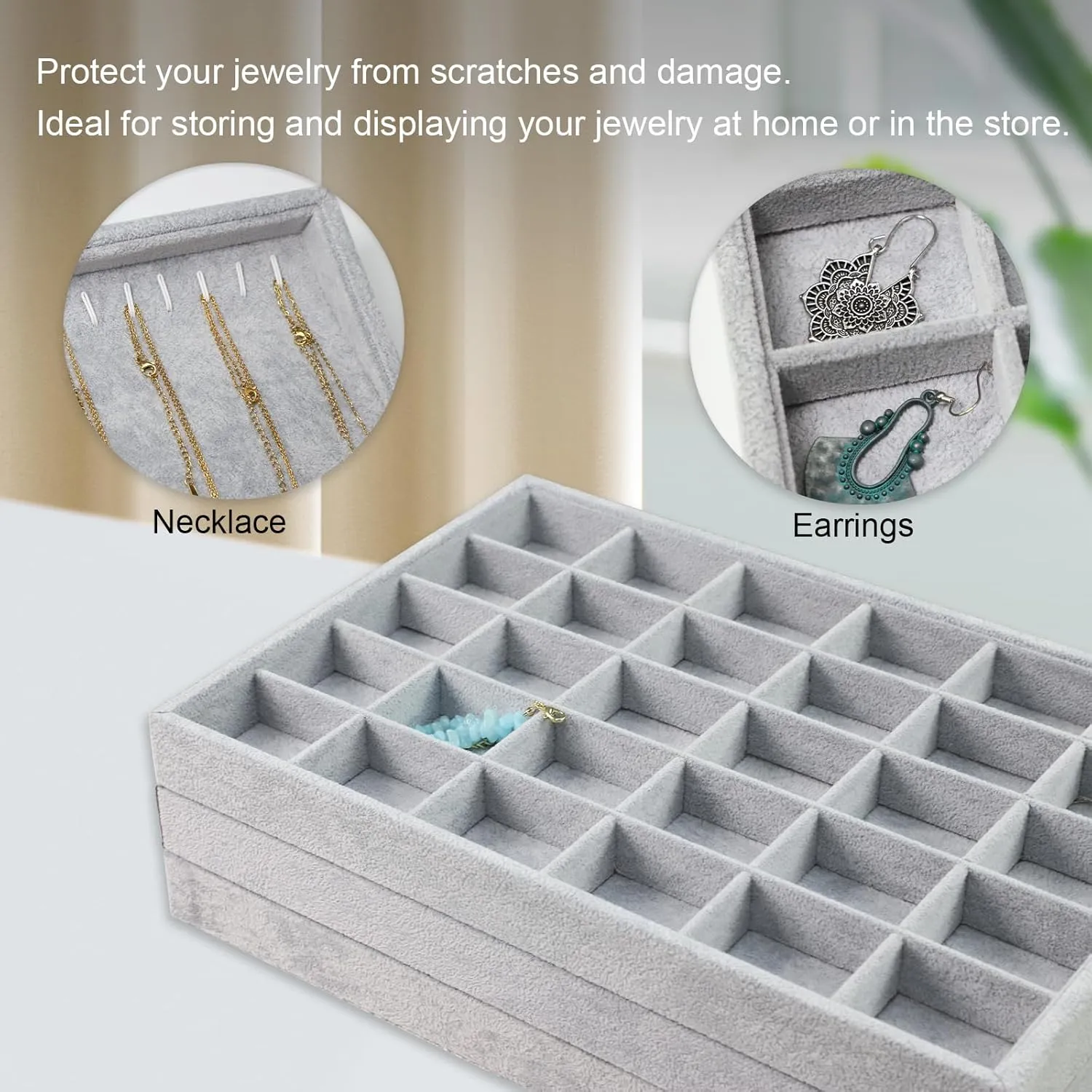 Stratalife Jewelry Organizer Stackable Trays Drawer Insert Earring Holder Storage for Women Girls Set of 3 Grey