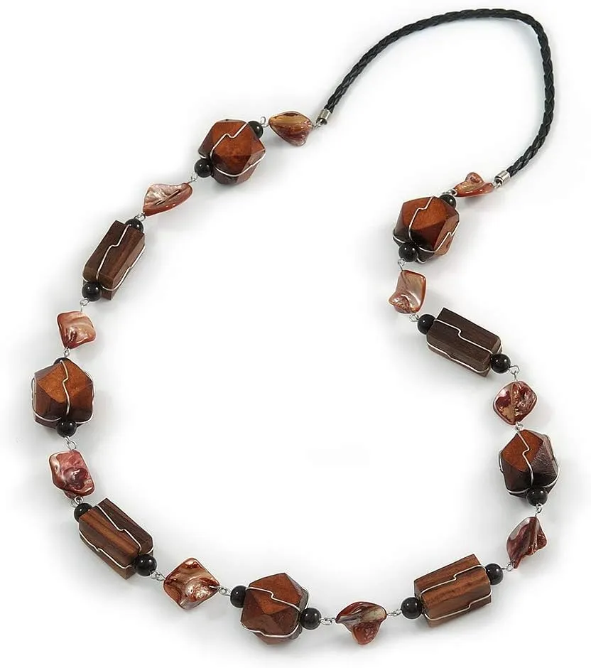 Striking Wood and Shell Bead with Silver Tone Wire Element Black Faux Leather Cord Necklace - 80cm L