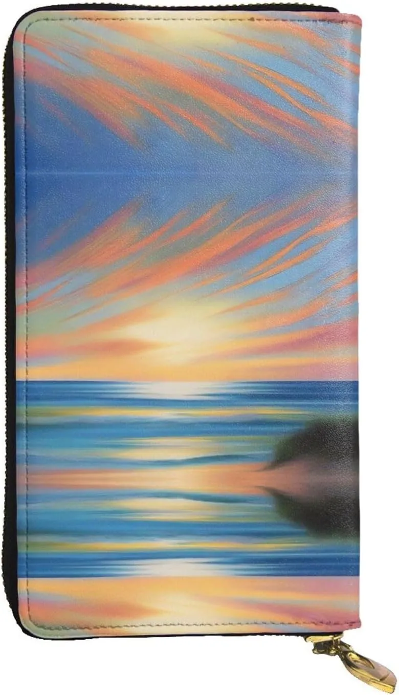 Stylish Coastal Evening Breeze Pattern Leather Wallet - Long Clutch for Women, RDurable Material, 12 Card Slots, Zipper Compartments
