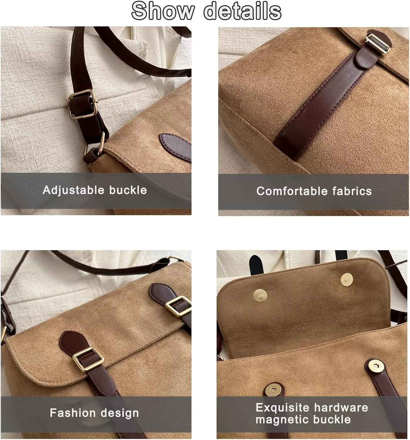 Suede Tote Bag for Women Frosted Leather Shoulder Bag Crossbody Satchel Bag with Magnetic buckle (Brown)