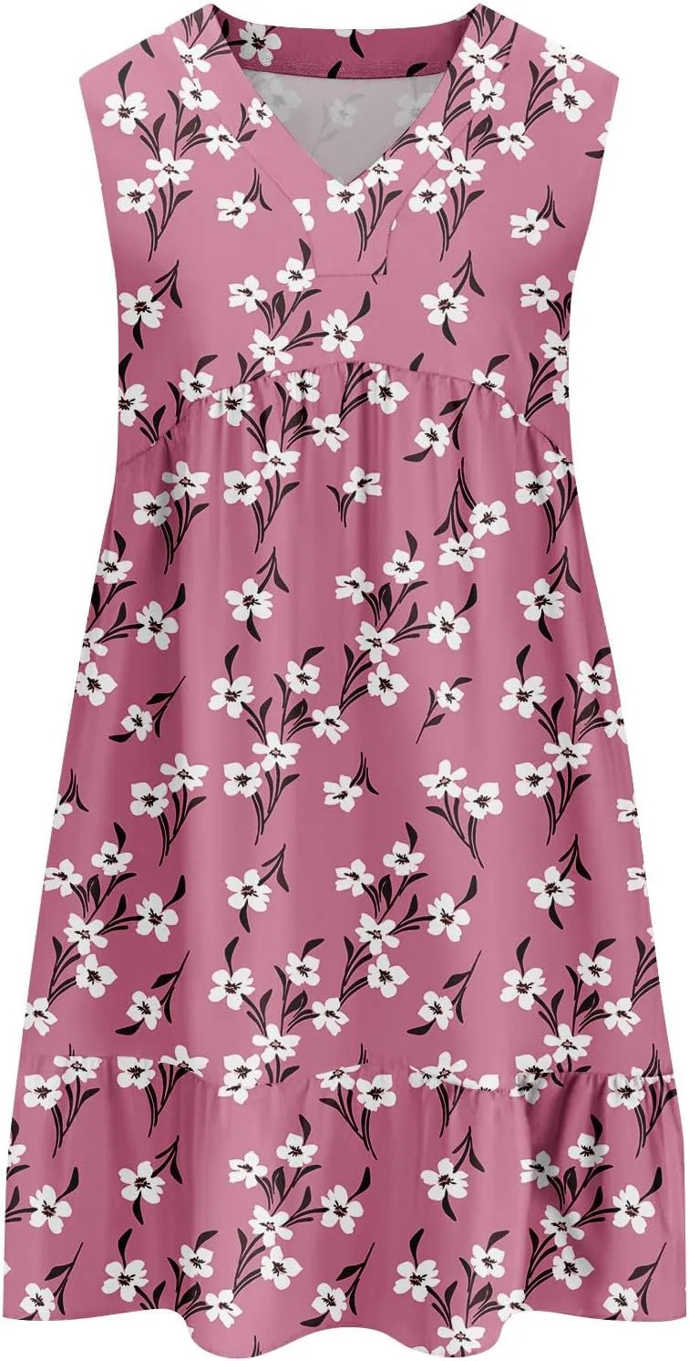 Summer Dresses for Women 2025 Sleeveless V Neck Mini Dress Flowy Boho Floral Ruffle A Line Swing Beach Sundress