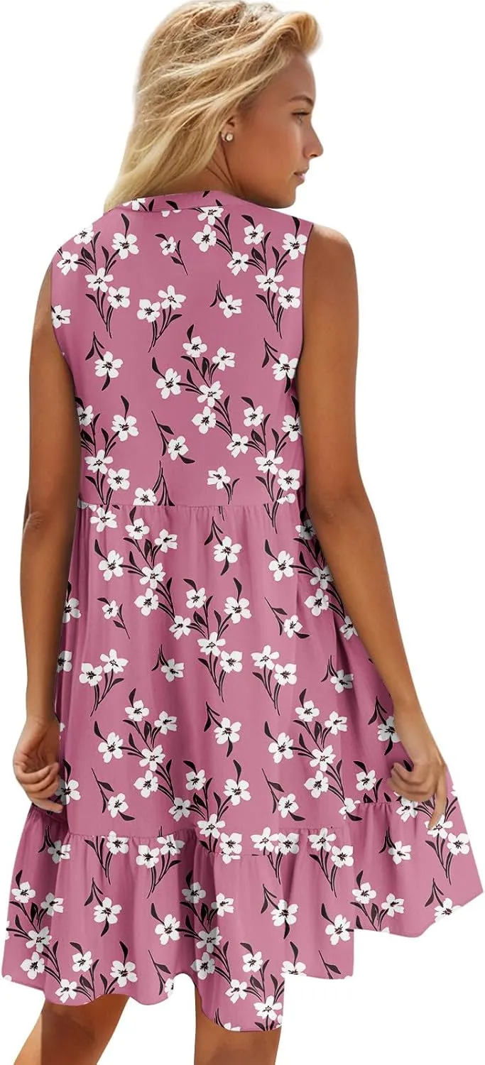 Summer Dresses for Women 2025 Sleeveless V Neck Mini Dress Flowy Boho Floral Ruffle A Line Swing Beach Sundress