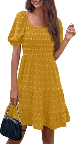 Summer Dresses for Women 2025 V Neck Casual Vacation Dress Short Sleeve Smocked Swiss Dot Swing Ruffle Mini Beach Dress