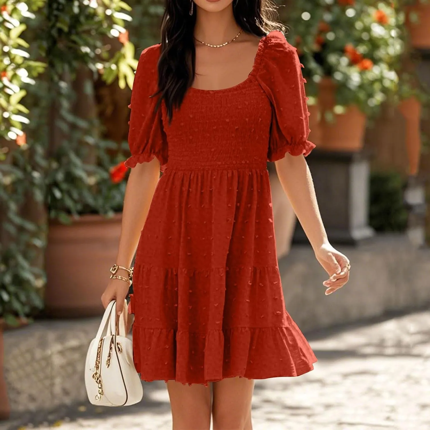 Summer Dresses for Women 2025 V Neck Casual Vacation Dress Short Sleeve Smocked Swiss Dot Swing Ruffle Mini Beach Dress
