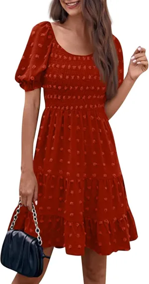 Summer Dresses for Women 2025 V Neck Casual Vacation Dress Short Sleeve Smocked Swiss Dot Swing Ruffle Mini Beach Dress