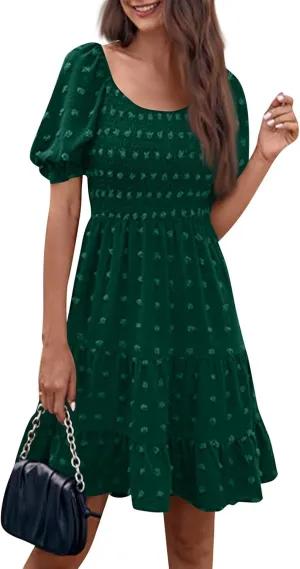 Summer Dresses for Women 2025 V Neck Casual Vacation Dress Short Sleeve Smocked Swiss Dot Swing Ruffle Mini Beach Dress
