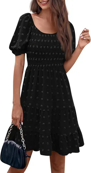 Summer Dresses for Women 2025 V Neck Casual Vacation Dress Short Sleeve Smocked Swiss Dot Swing Ruffle Mini Beach Dress