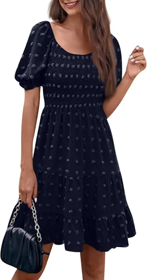 Summer Dresses for Women 2025 V Neck Casual Vacation Dress Short Sleeve Smocked Swiss Dot Swing Ruffle Mini Beach Dress