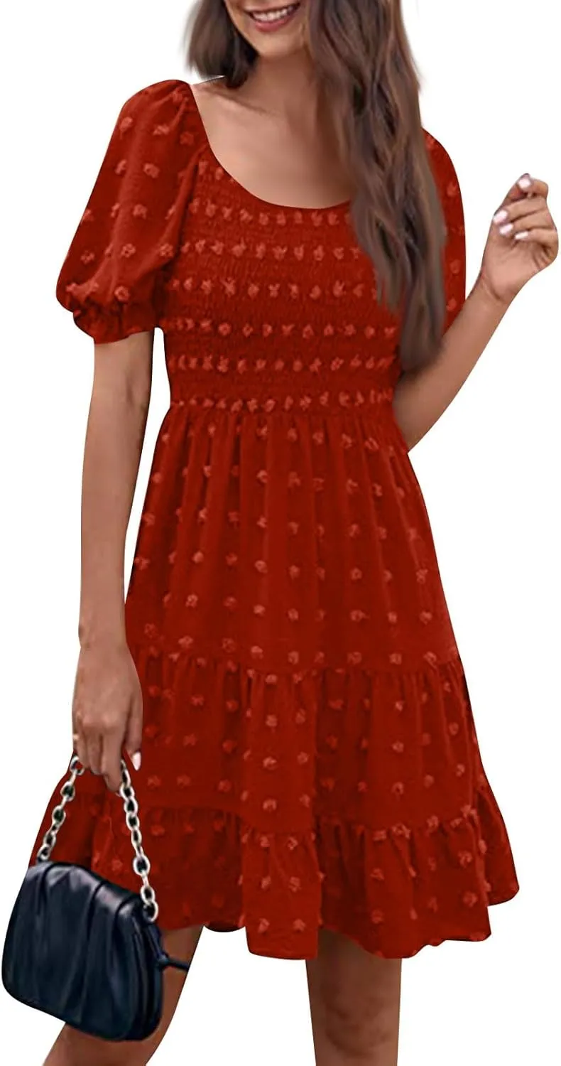 Summer Dresses for Women 2025 V Neck Casual Vacation Dress Short Sleeve Smocked Swiss Dot Swing Ruffle Mini Beach Dress