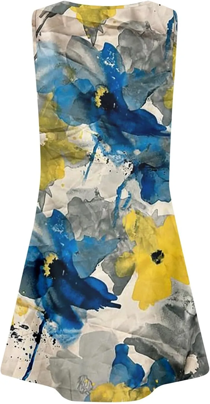 Summer Dresses for Women Sleeveless Casual Sundresses Square Neck Floral Pleated Front Tank Dress Loose T Shirt Dresses