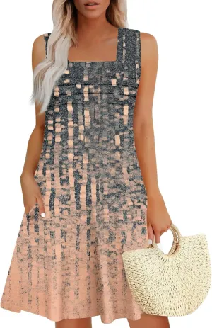 Summer Dresses for Women Sleeveless Casual Sundresses Square Neck Floral Pleated Front Tank Dress Loose T Shirt Dresses