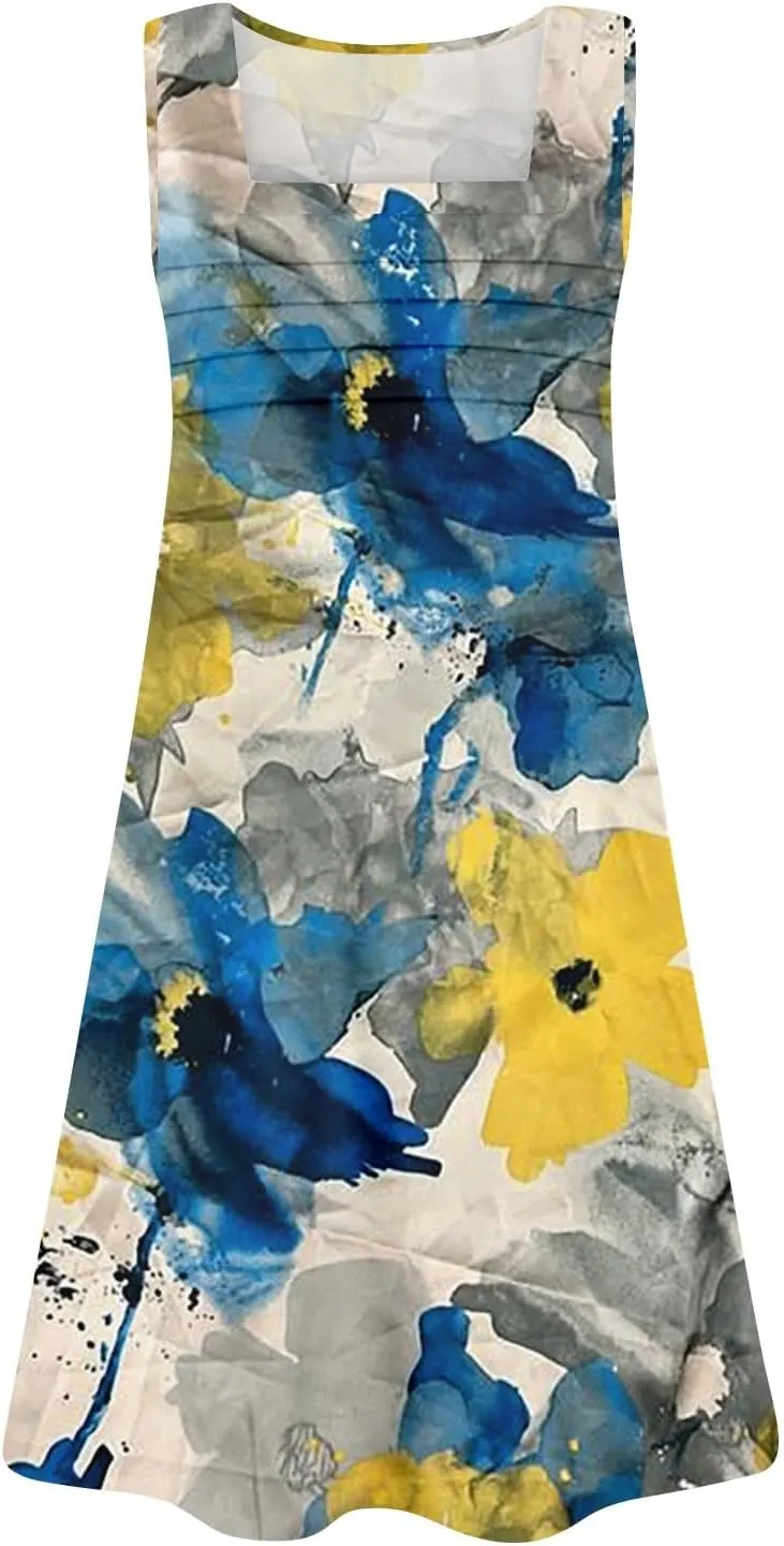 Summer Dresses for Women Sleeveless Casual Sundresses Square Neck Floral Pleated Front Tank Dress Loose T Shirt Dresses