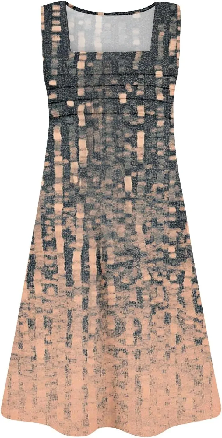 Summer Dresses for Women Sleeveless Casual Sundresses Square Neck Floral Pleated Front Tank Dress Loose T Shirt Dresses
