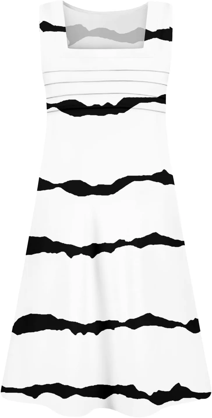 Summer Dresses for Women Sleeveless Casual Sundresses Square Neck Floral Pleated Front Tank Dress Loose T Shirt Dresses
