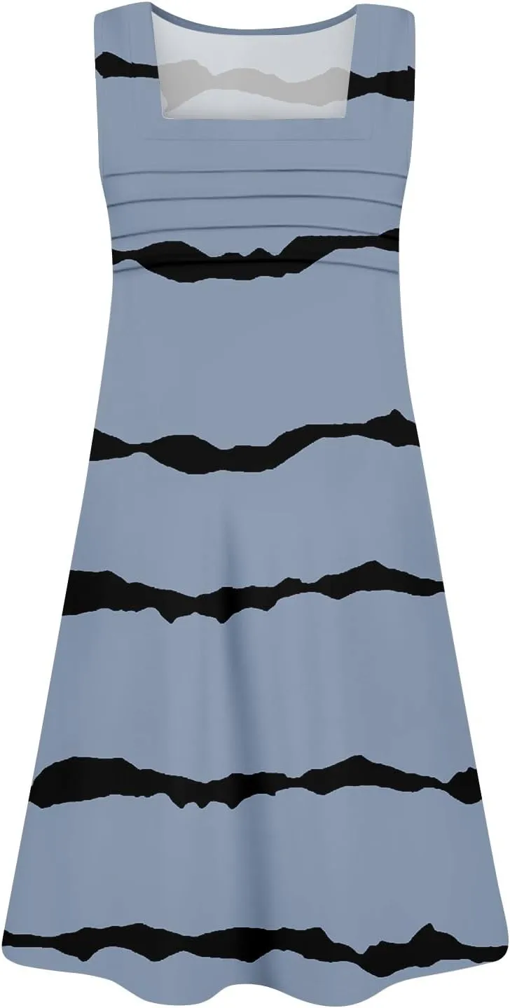 Summer Dresses for Women Sleeveless Casual Sundresses Square Neck Floral Pleated Front Tank Dress Loose T Shirt Dresses