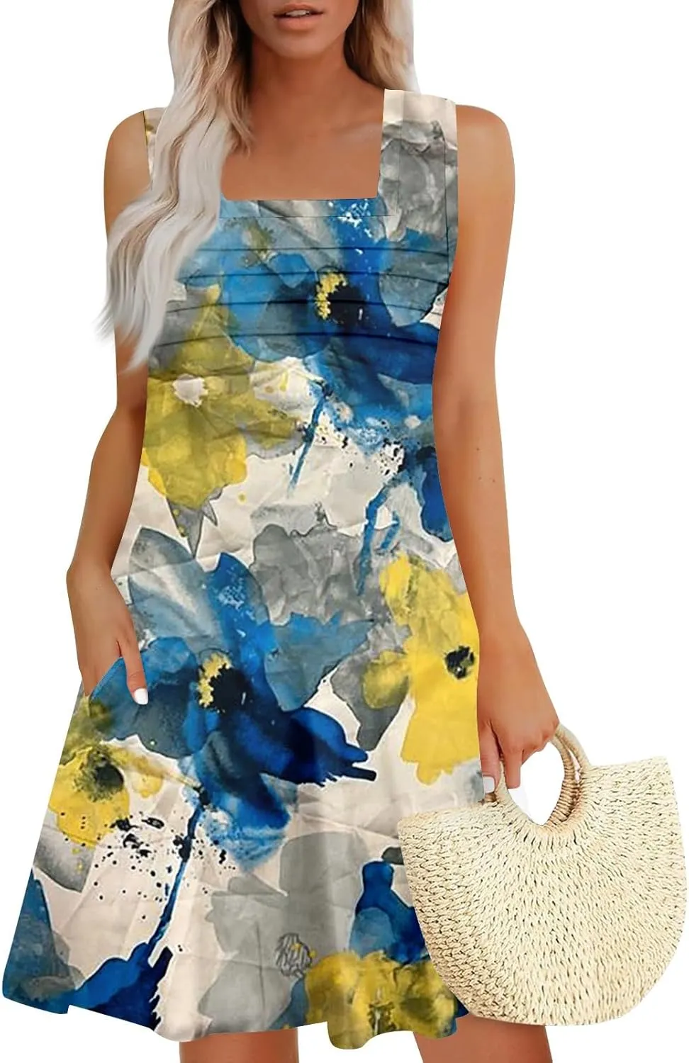 Summer Dresses for Women Sleeveless Casual Sundresses Square Neck Floral Pleated Front Tank Dress Loose T Shirt Dresses
