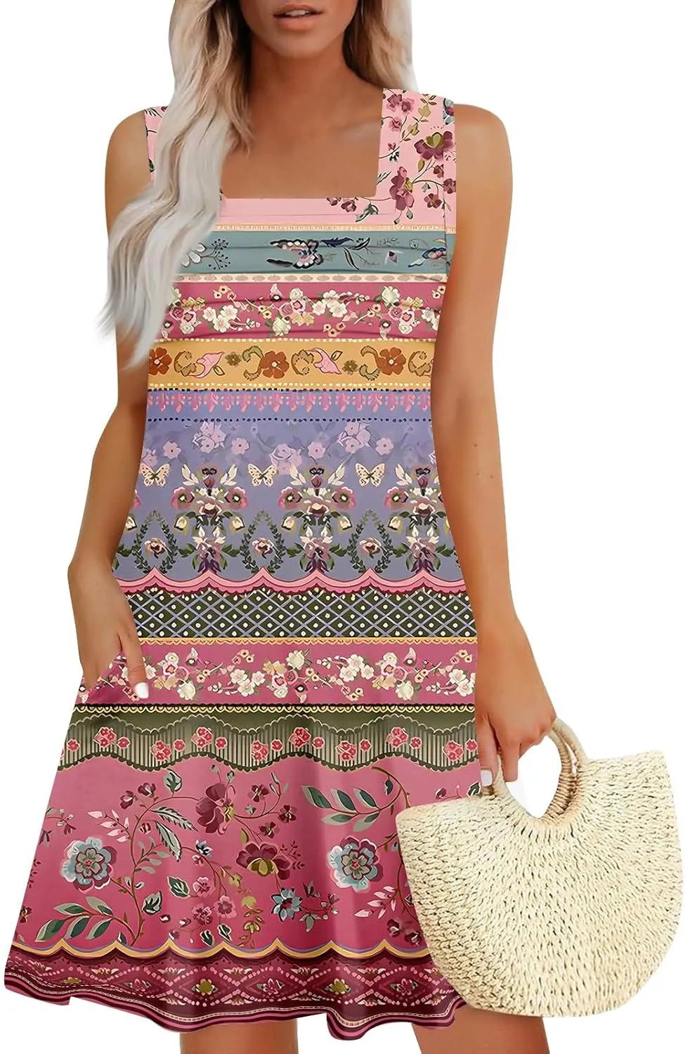 Summer Dresses for Women Sleeveless Floral Sundresses Square Neck Loose T Shirt Dresses Casual Pleated Front Tank Dress