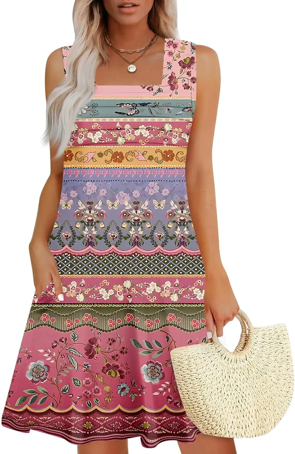 Summer Dresses for Women Sleeveless Floral Sundresses Square Neck Loose T Shirt Dresses Casual Pleated Front Tank Dress