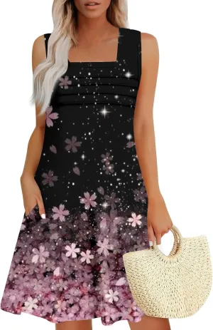 Summer Dresses for Women Sleeveless Floral Sundresses Square Neck Loose T Shirt Dresses Casual Pleated Front Tank Dress
