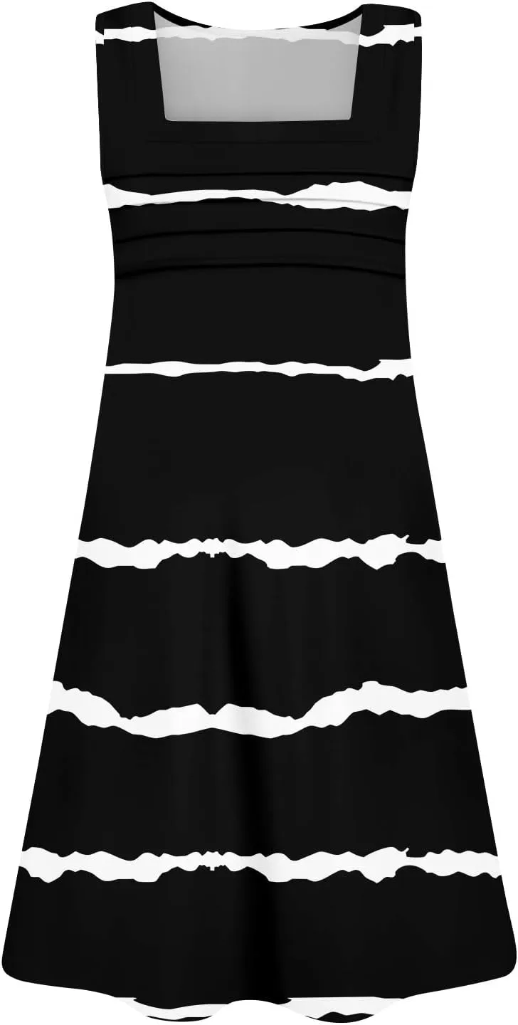 Summer Dresses for Women Sleeveless Floral Sundresses Square Neck Loose T Shirt Dresses Casual Pleated Front Tank Dress