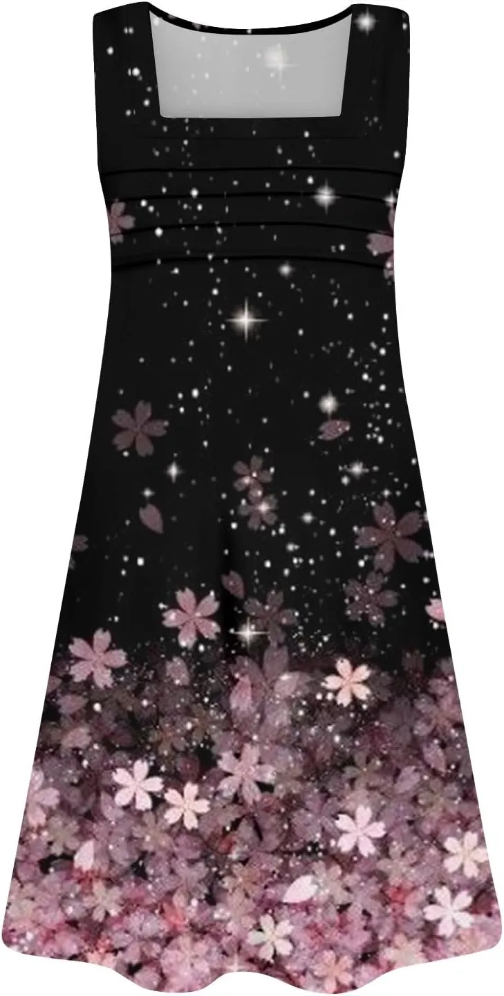Summer Dresses for Women Sleeveless Floral Sundresses Square Neck Loose T Shirt Dresses Casual Pleated Front Tank Dress