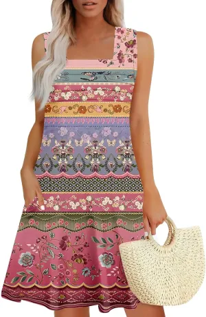Summer Dresses for Women Sleeveless Floral Sundresses Square Neck Loose T Shirt Dresses Casual Pleated Front Tank Dress