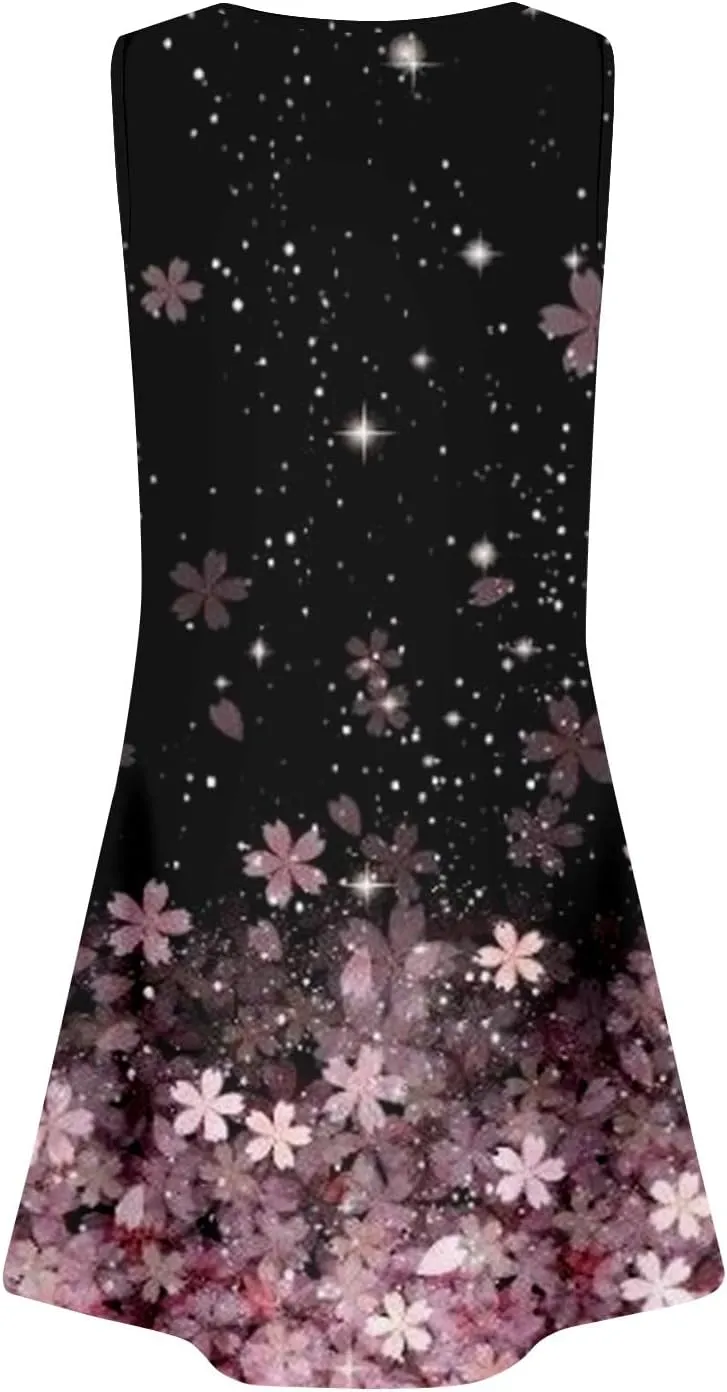 Summer Dresses for Women Sleeveless Floral Sundresses Square Neck Loose T Shirt Dresses Casual Pleated Front Tank Dress