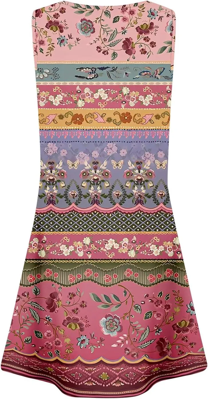 Summer Dresses for Women Sleeveless Floral Sundresses Square Neck Loose T Shirt Dresses Casual Pleated Front Tank Dress