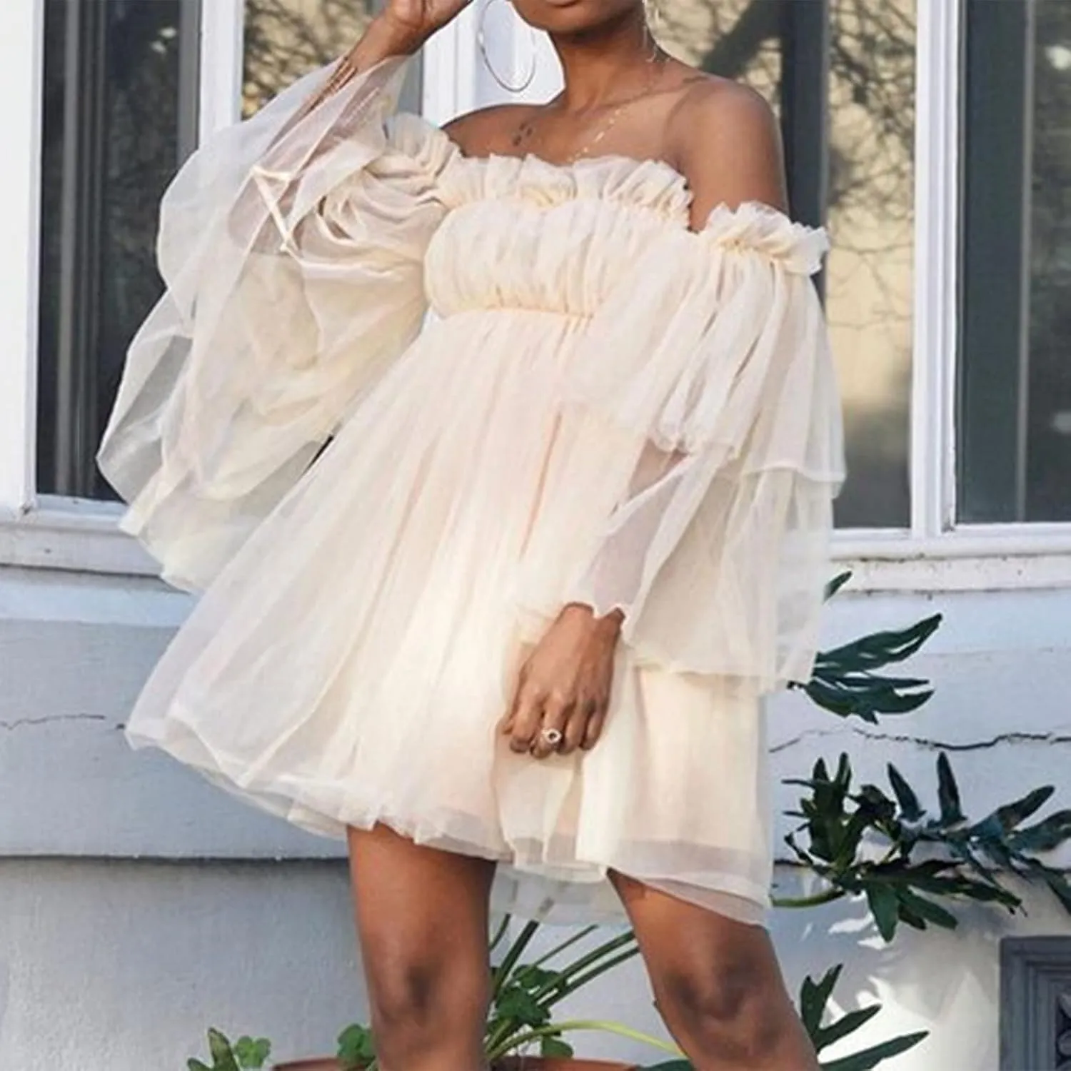 Summer Off The Shoulder Ruffle Mini Dresses for Women Puff Sleeve Backless Swing A-Line Dress Cute Tulle Tutu Dress