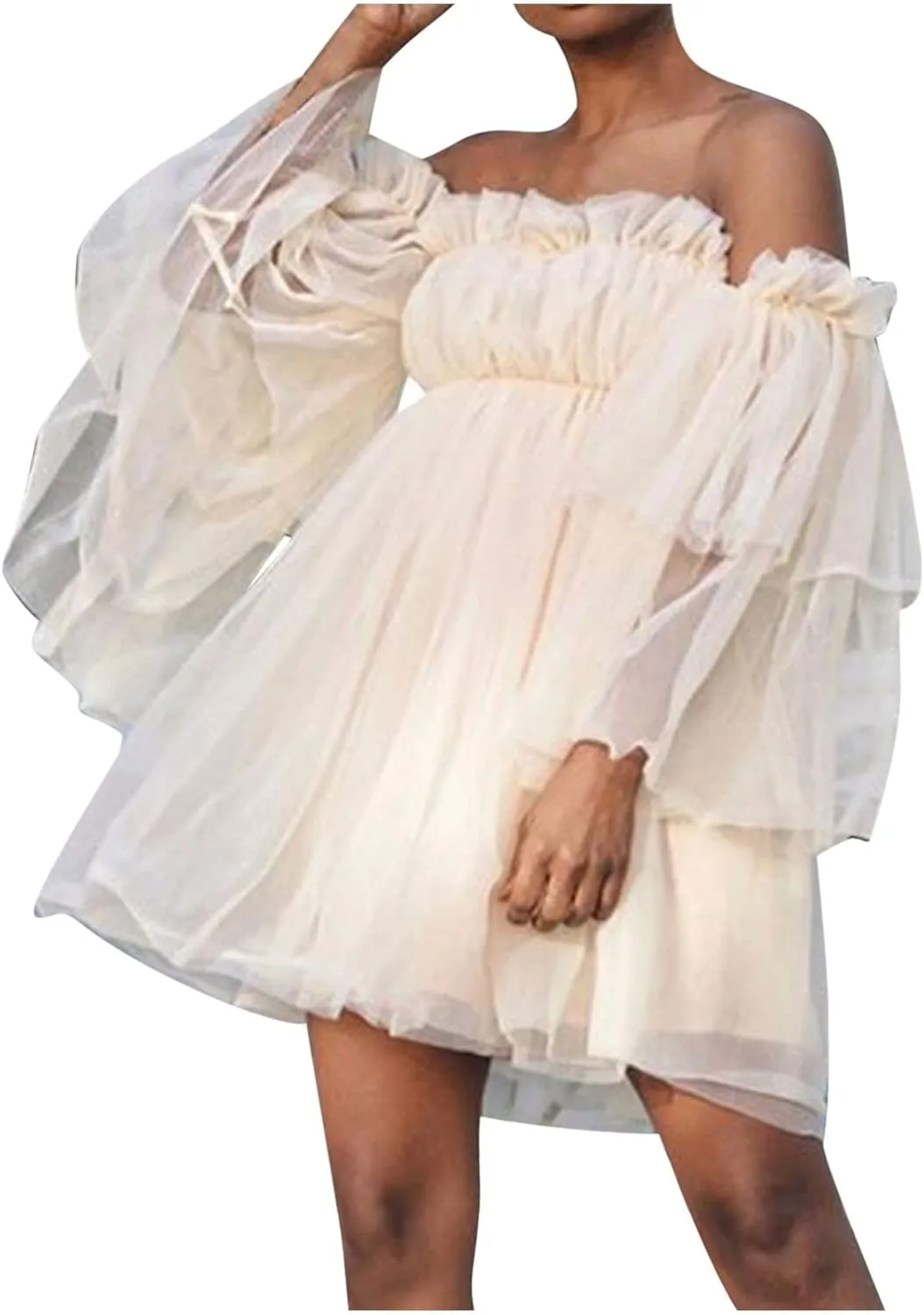 Summer Off The Shoulder Ruffle Mini Dresses for Women Puff Sleeve Backless Swing A-Line Dress Cute Tulle Tutu Dress