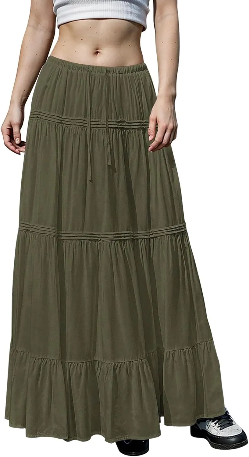 Summer Skirts for Women Trendy Drawstring Waisted Flowy Tiered Linen Maxi Skirt Pleated Ruffled A-Line Long Skirts