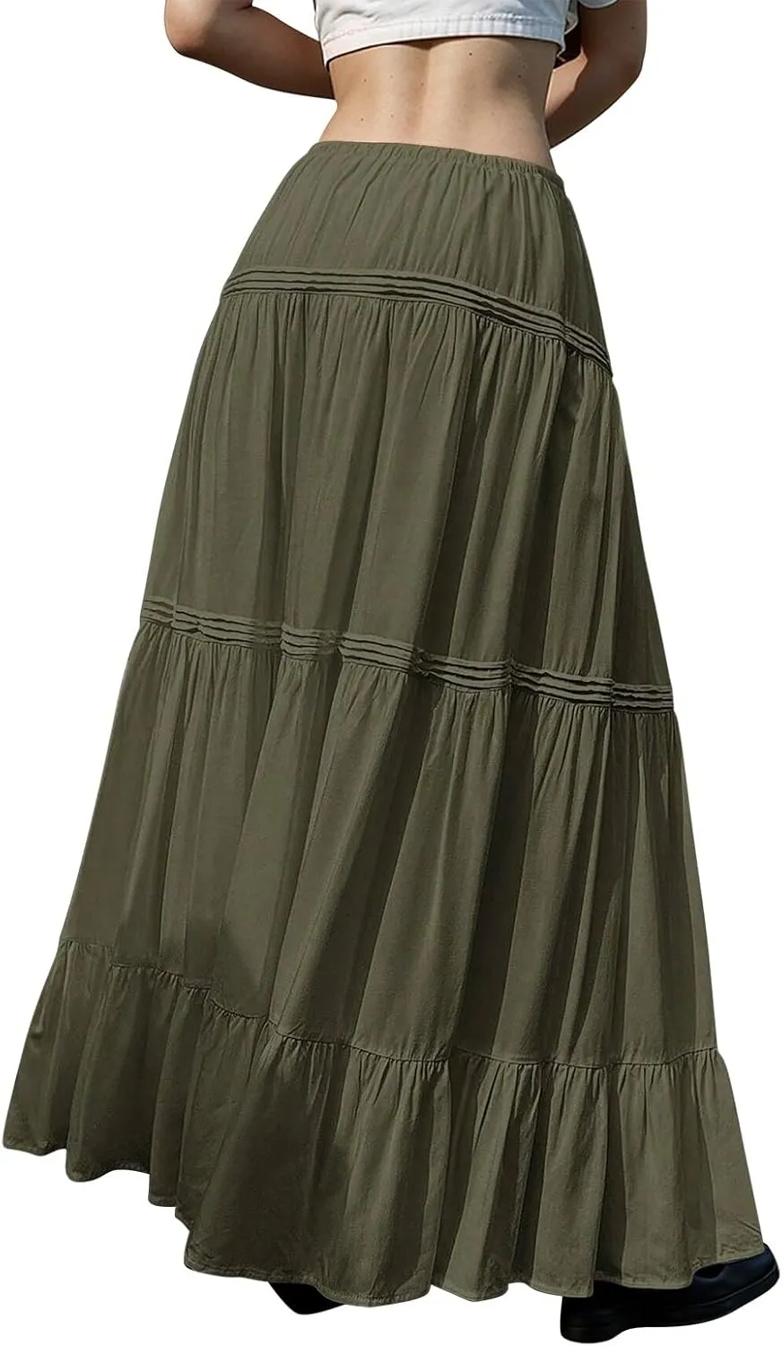 Summer Skirts for Women Trendy Drawstring Waisted Flowy Tiered Linen Maxi Skirt Pleated Ruffled A-Line Long Skirts