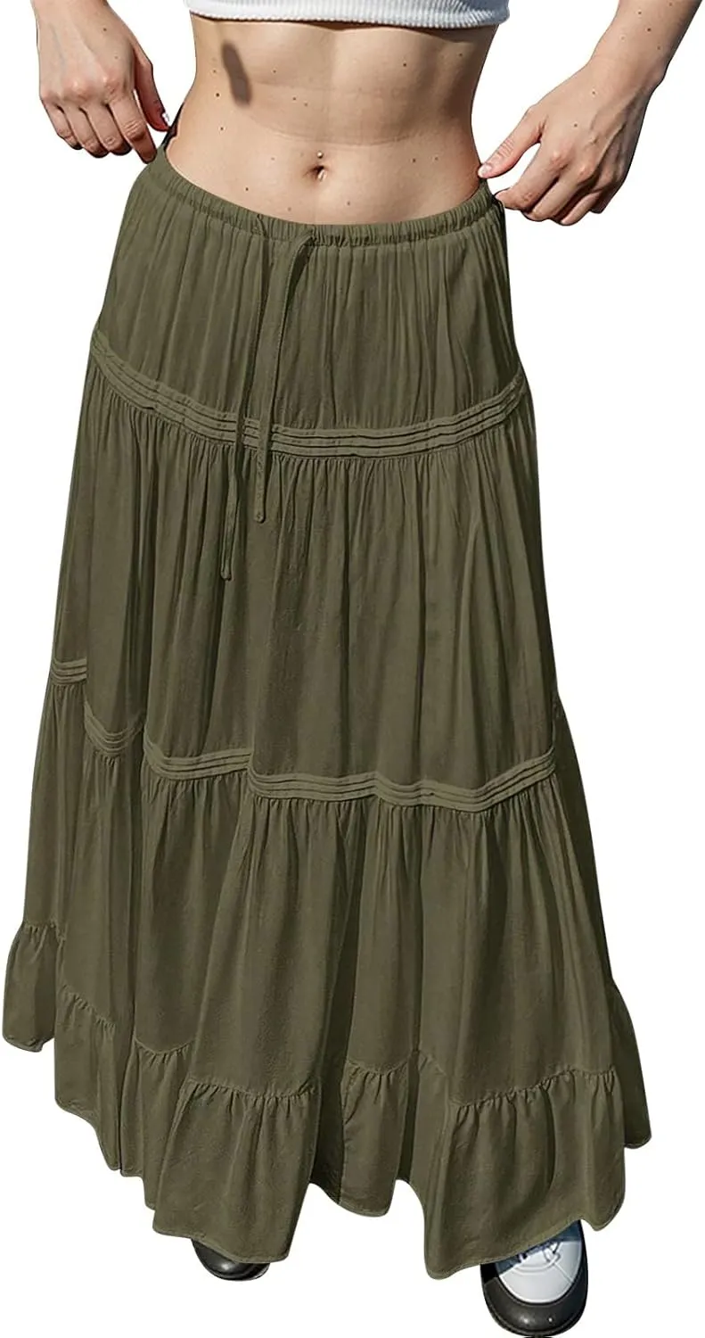 Summer Skirts for Women Trendy Drawstring Waisted Flowy Tiered Linen Maxi Skirt Pleated Ruffled A-Line Long Skirts