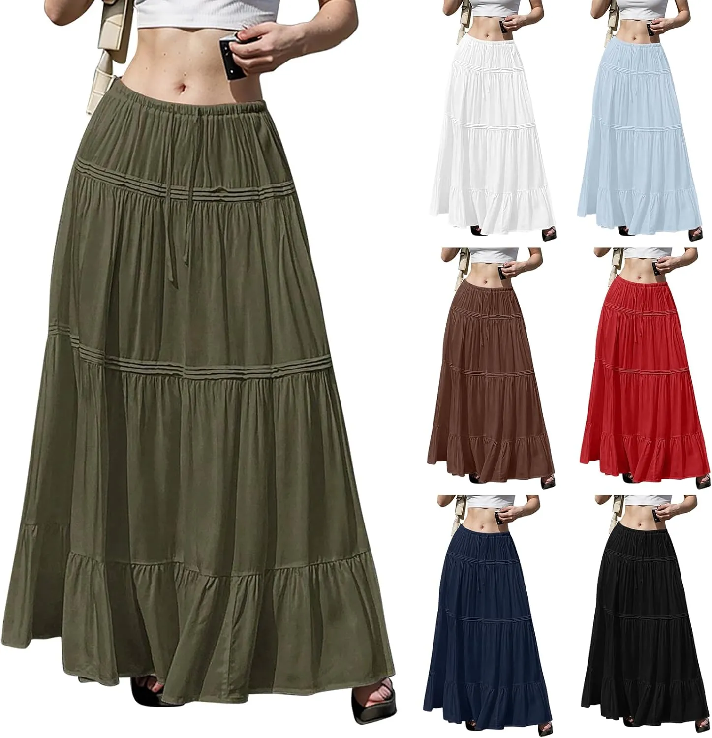 Summer Skirts for Women Trendy Drawstring Waisted Flowy Tiered Linen Maxi Skirt Pleated Ruffled A-Line Long Skirts