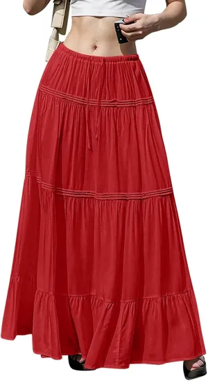 Summer Skirts for Women Trendy Drawstring Waisted Flowy Tiered Linen Maxi Skirt Pleated Ruffled A-Line Long Skirts