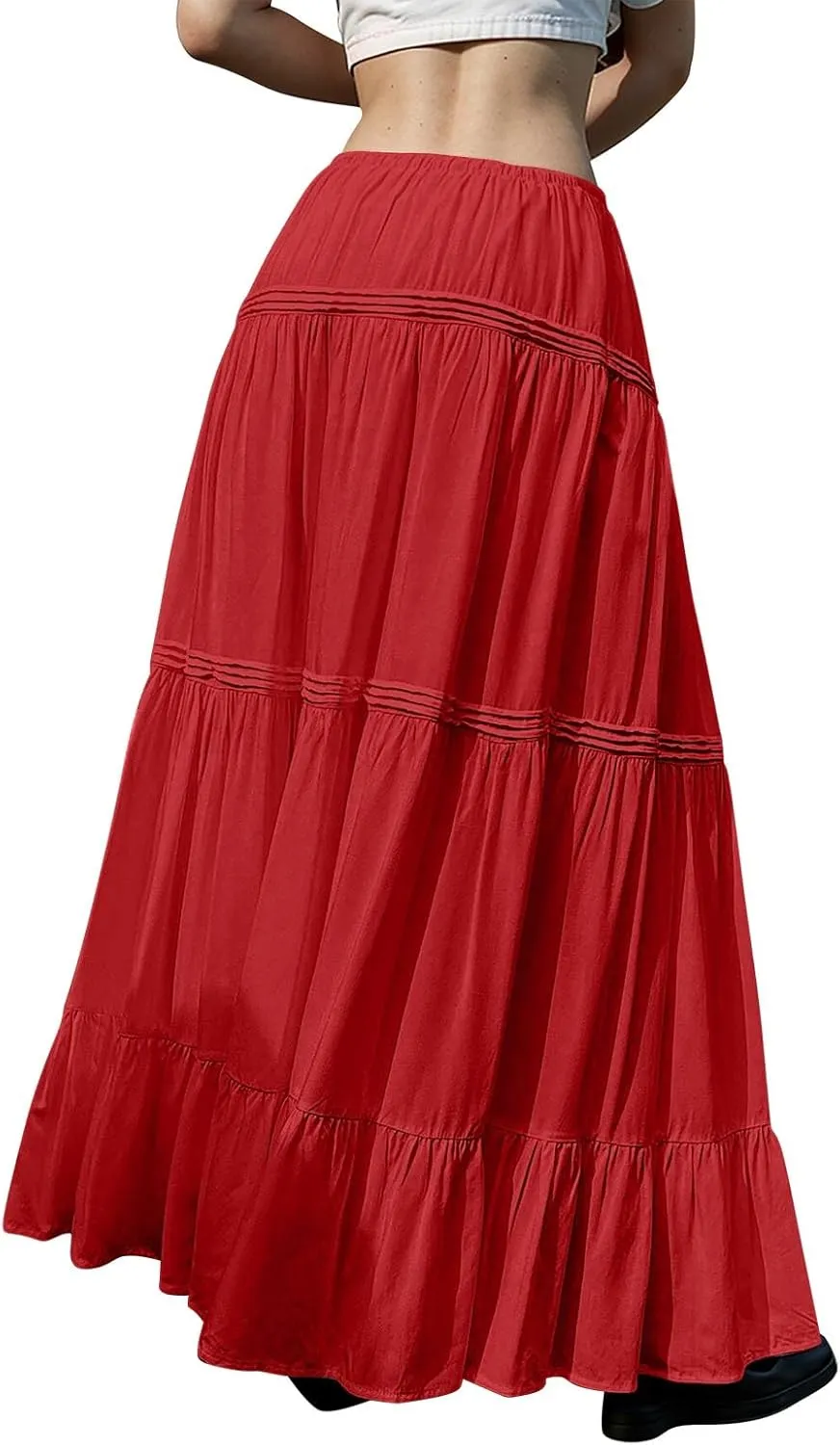 Summer Skirts for Women Trendy Drawstring Waisted Flowy Tiered Linen Maxi Skirt Pleated Ruffled A-Line Long Skirts