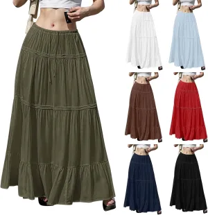 Summer Skirts for Women Trendy Drawstring Waisted Flowy Tiered Linen Maxi Skirt Pleated Ruffled A-Line Long Skirts
