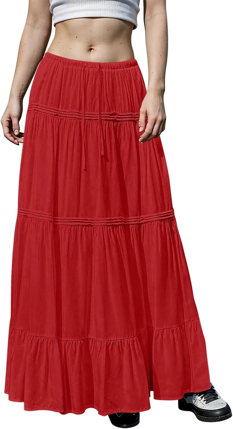 Summer Skirts for Women Trendy Drawstring Waisted Flowy Tiered Linen Maxi Skirt Pleated Ruffled A-Line Long Skirts