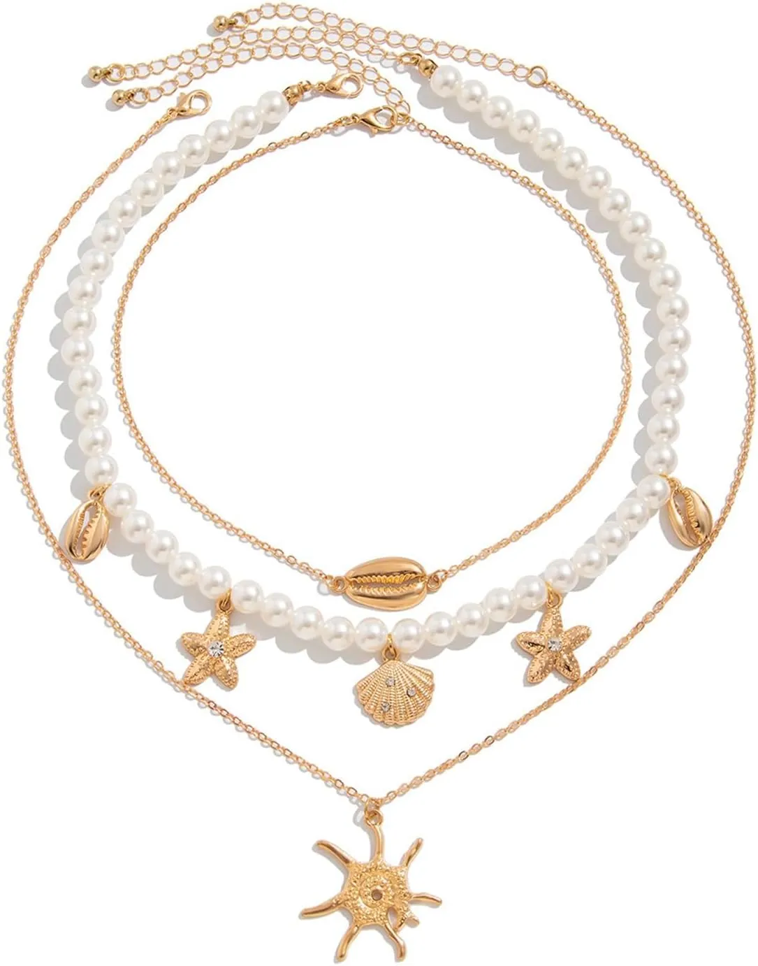 Summer Sunflower Pendant Necklace Layered Gold Starfish Shell Tassel Collar Chain Necklace Bikini Beach Pearl Clavicle Chain for Women