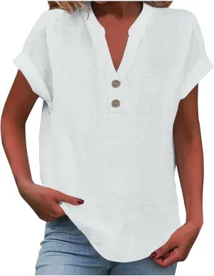 Summer Tops for Women 2025 Trendy Short Sleeve Cotton Linen Shirt Casual Button v Neck Tunic Blouses Outfits
