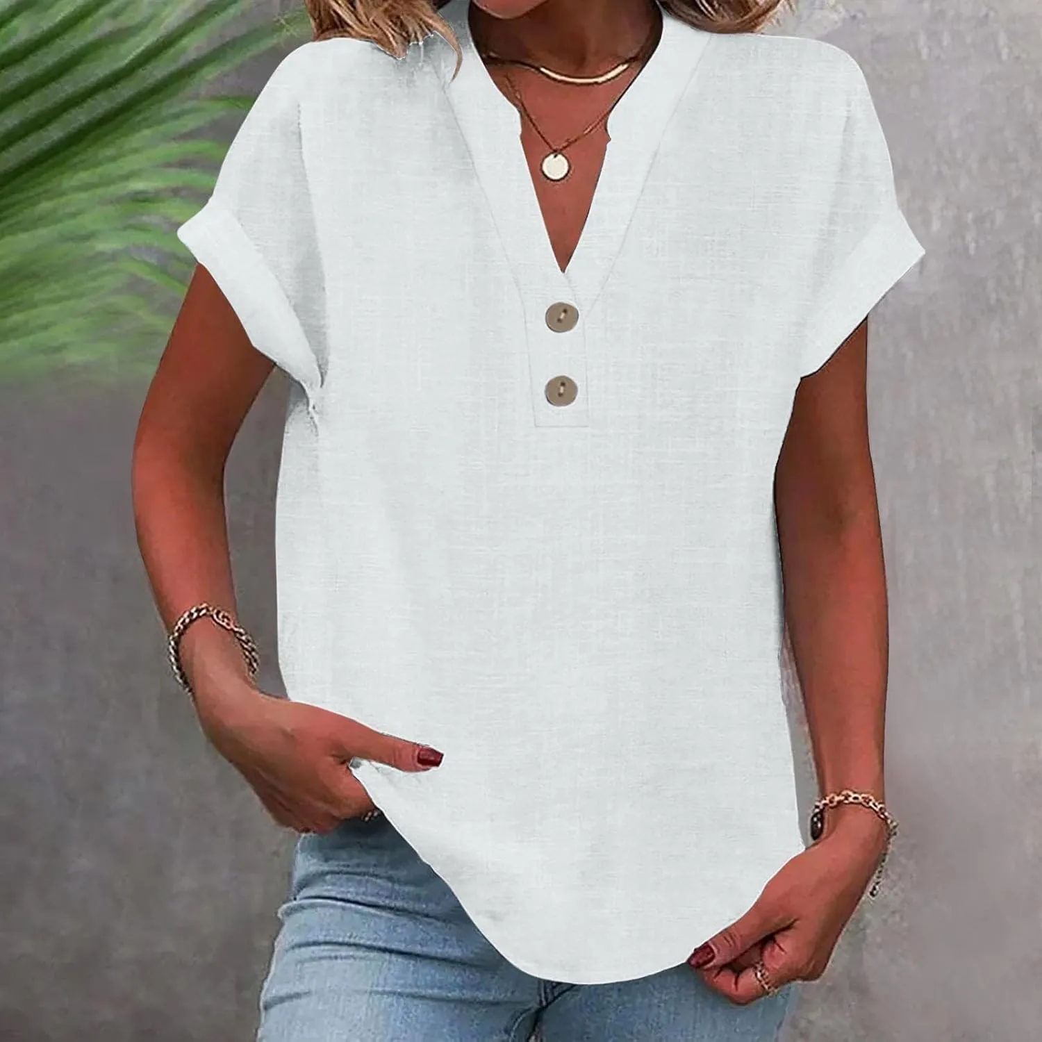 Summer Tops for Women 2025 Trendy Short Sleeve Cotton Linen Shirt Casual Button v Neck Tunic Blouses Outfits